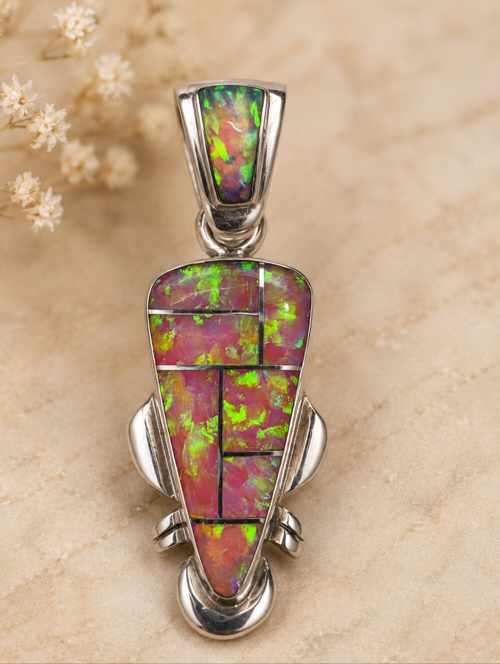 VTG Running Bear Native American Sterling Silver Inlay Lab Opal Pendant Signed